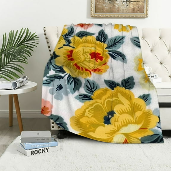 JRXY Unisex Plush Blanket with Sherpa Back, Yellow Floral White