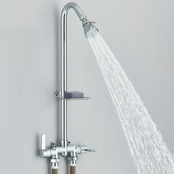 Chrome Outdoor Shower Fixture System Rain Head Exposed Shower Faucet Kit w/Valve