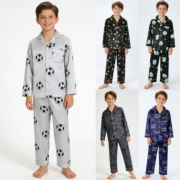 RTKFRFLM Kids Ice Silk Outfits Set, Football & Rocket Print Long Sleeve Loungwear, 3-14Y