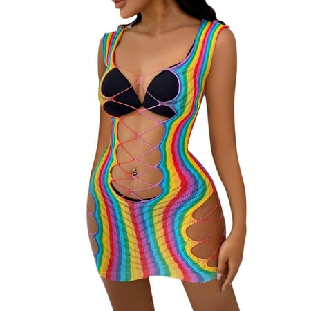 

TANGNADE Women Underwear Color Belt Tights Nylon Rainbow Tights Fishnet Cutout Dress Underwear