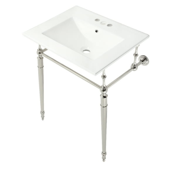 Kingston Brass KVPB24187W4PN Edwardian 24" Ceramic Console Sink with Brass Legs (4-Inch, 3-Hole), White/Polished Nickel