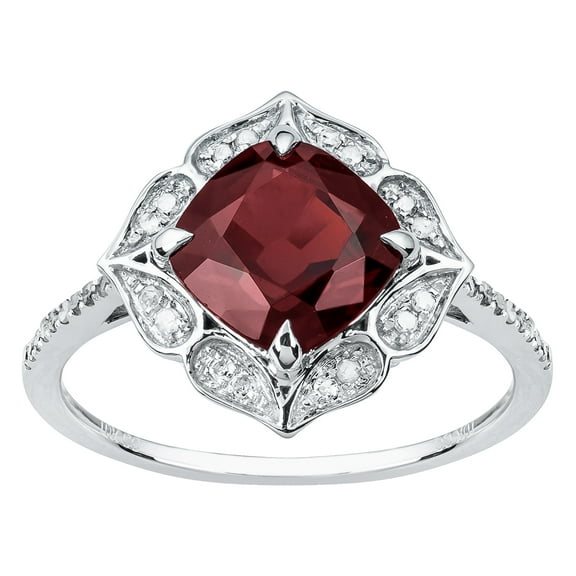 10k White Gold Vintage Style Cushion Garnet and Diamond Ring