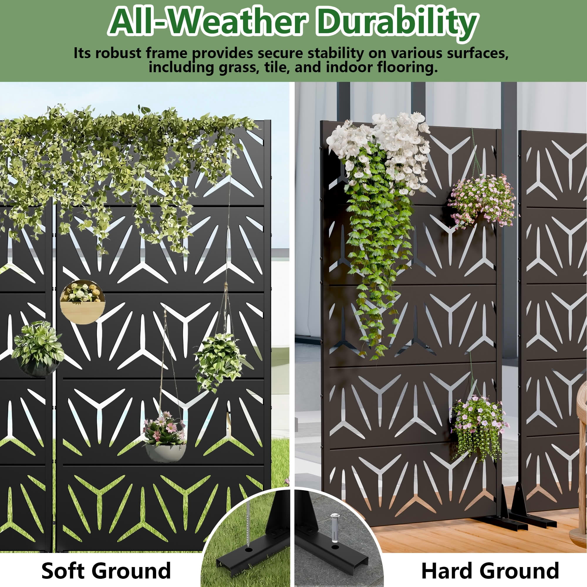 MAYEERTY 2-Piece Outdoor Metal Privacy Screen 5ft Black, 5-Panel Geometric Y-Pattern Decorative Screen for Patio