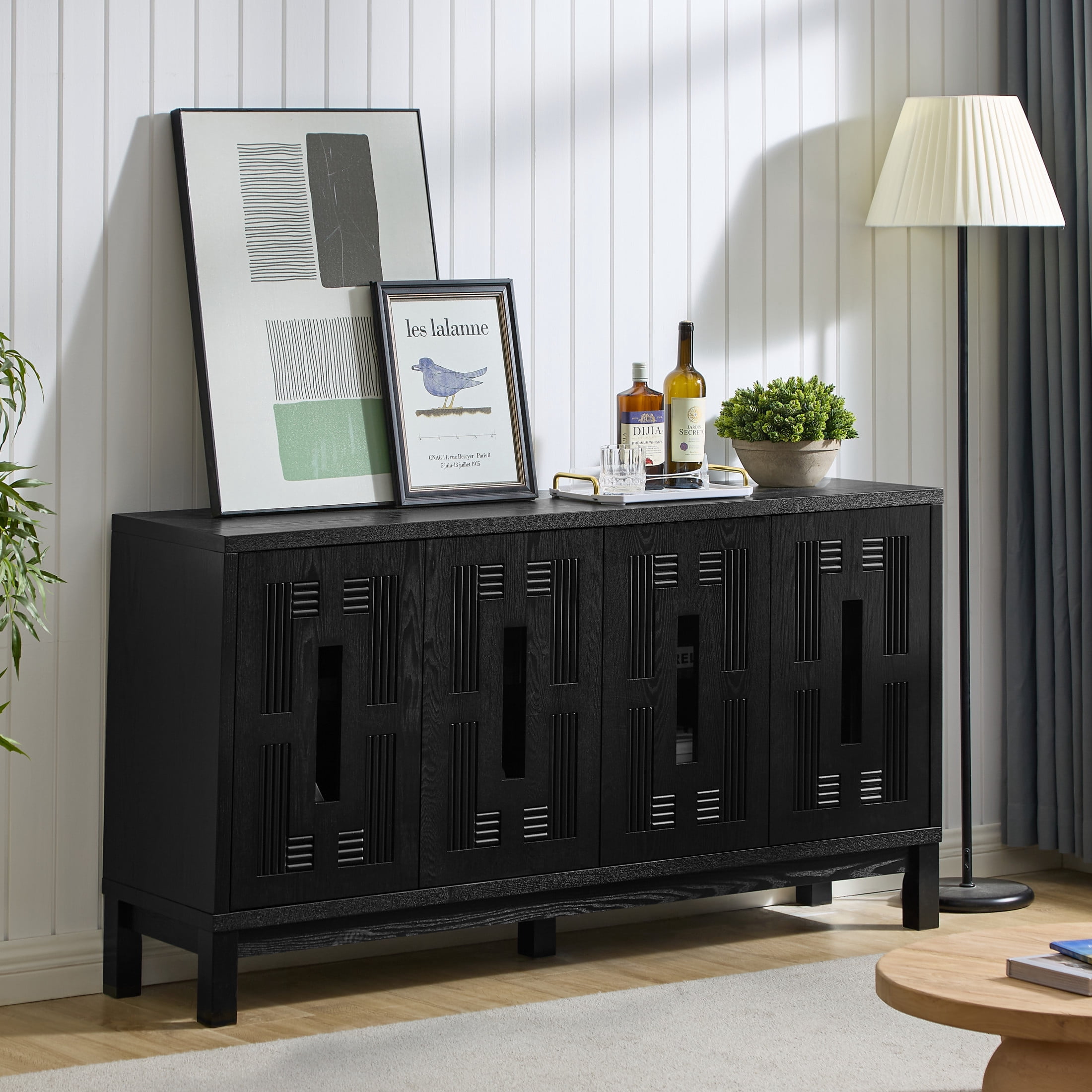 GDF Studio 60.7" Mid Century Modern Sideboard Cabinet with 4 Doors, Adjustable Shelves, Carved Openwork, Black