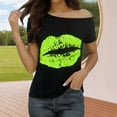 thumbnail image 2 of Women's Party Tops Off Shoulder Short Sleeve Stretch Knit Lip Print Shirt, 2 of 9