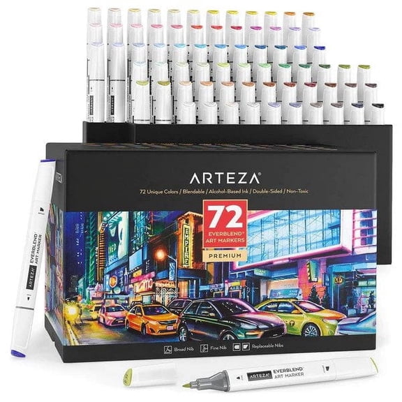 Arteza Professional EverBlend Dual Tip Ultra Artist Brush Sketch Markers, Unique Colors, 72 Pack