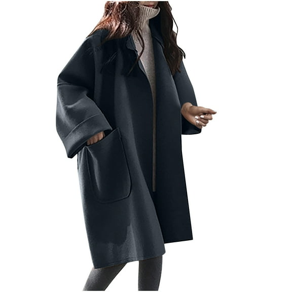 JGGSPWM Women's Oversized Wool Cardigan Coat with Big Cuffs, Batwing Sleeve Loose Pea Coat - Lightweight Warm Comfortable Casual Wool Blend Jackets Black S