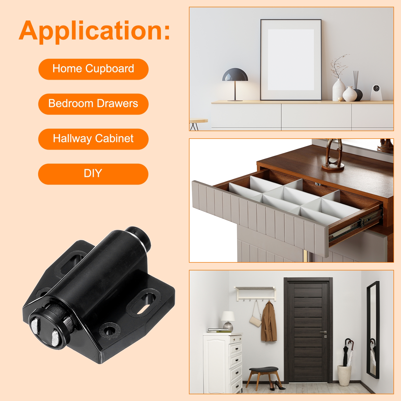 Unique Bargains 8Pack Durable Magnetic Touch Latches for Cupboards Closet Door Black