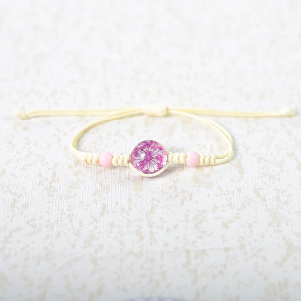Nvzi Pulsera de flores hecha a mano - Pulsera de resina, pulsera ajustable, pulsera de flores - 2 piezas, rosa oscuro