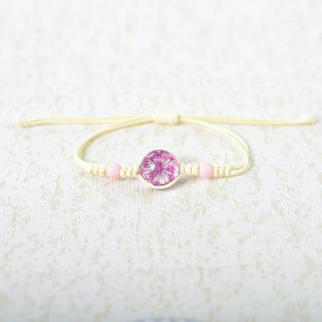 Nvzi Pulsera de flores hecha a mano - Pulsera de resina, pulsera ajustable, pulsera de flores - 2 piezas, rosa oscuro