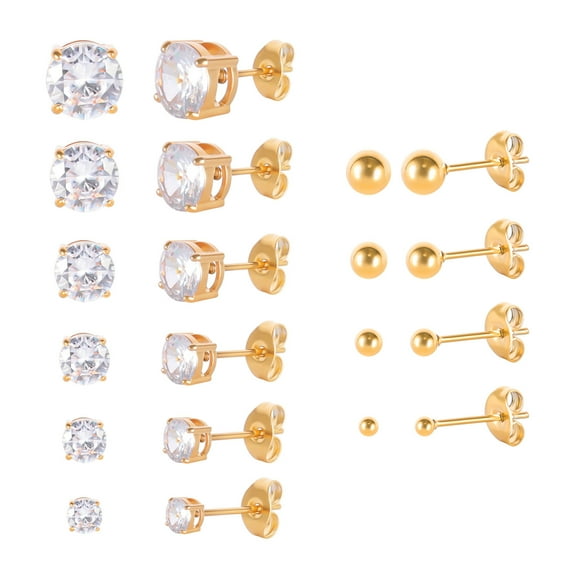 JUSTJANDM 6 Pairs Surgical Stainless Steel Cubic Zirconia Stud Earrings Set, 18K Gold Plated Round Square Princess Cut Clear CZ Stud Earrings for Women