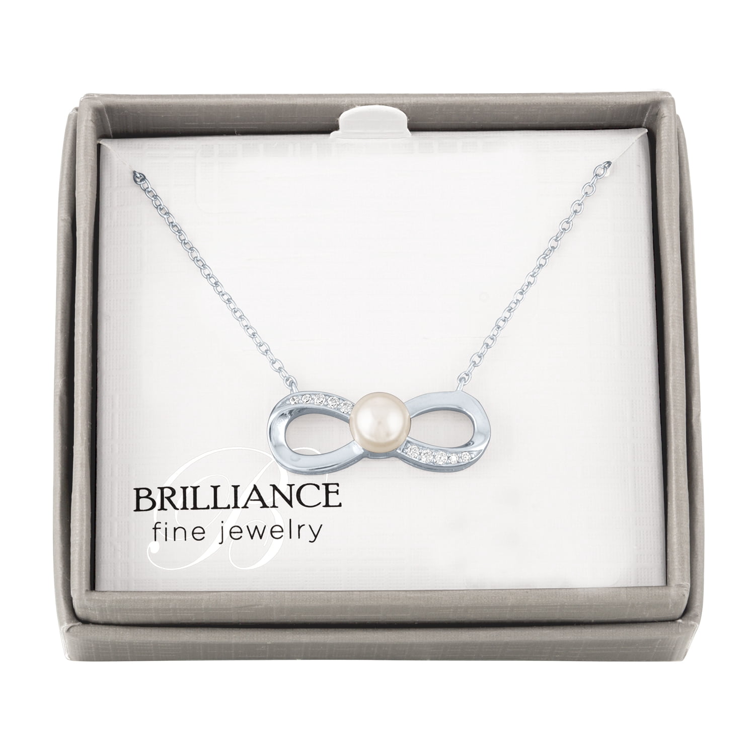 Ladies Brilliance Fine Jewelry Simulated Pearl & CZ Sterling Silver Infinity Necklace, 18"
