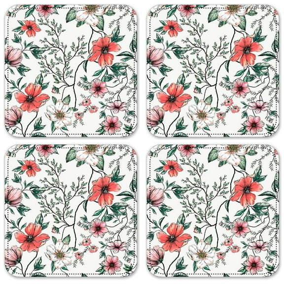 Vinyl Drink Coasters - Set of 4 - Pink & White Flowers
