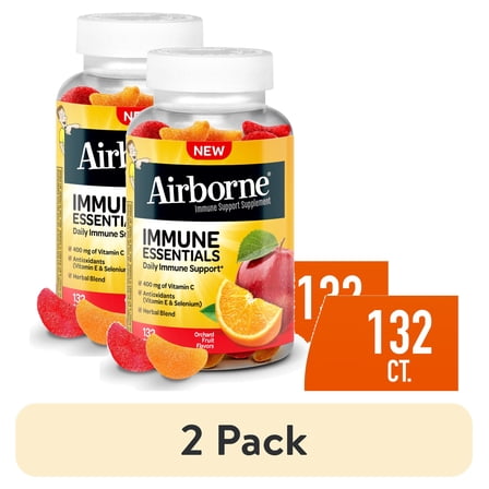 (2 pack) Airborne Immune Essentials Vitamin C Gummies, Multivitamin Supplement, Assorted Fruit Flavor, 132 ct