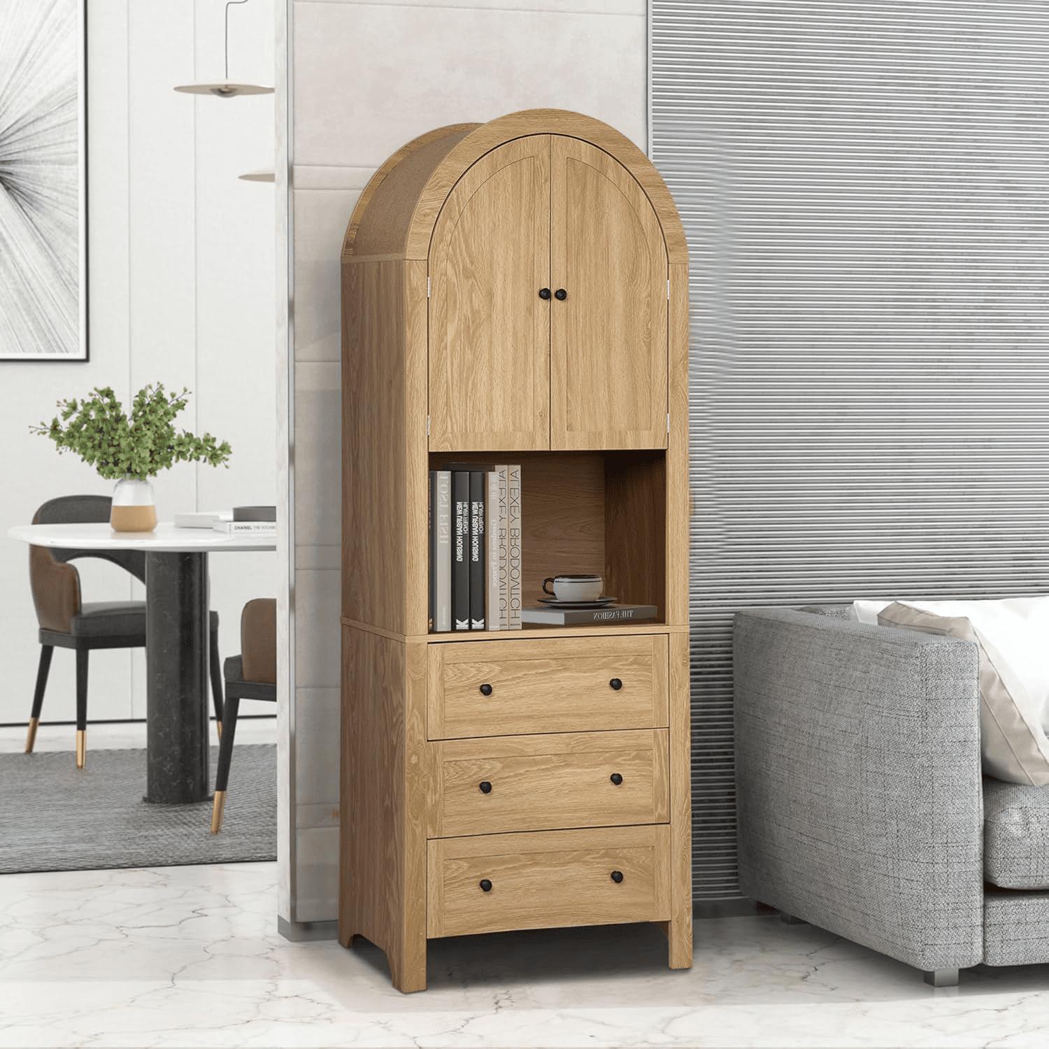 LEFHDA 6-Tier Arched Storage Cabinet with Drawer, Cabinet with Doors and Countertop, Arched Bookcase with Storage, Kitchen Pantry Cabinet, Wooden Storage Cabinet for Living Room