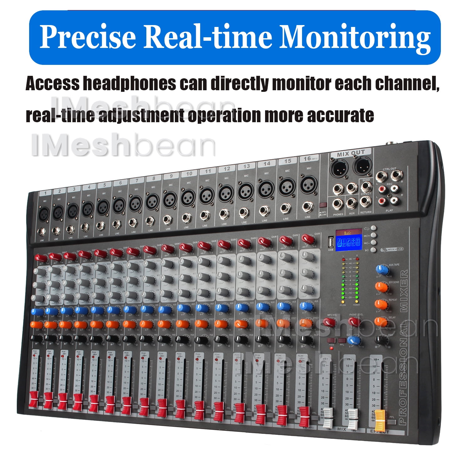 iMeshbean Professional Audio Mixer Sound Board Console, 16 Channel Studio Audio Mixer, USB Live Studio Audio Mixing Power Mixing Amplifier Studio Audio DJ KTV Mixing Console USB Slot