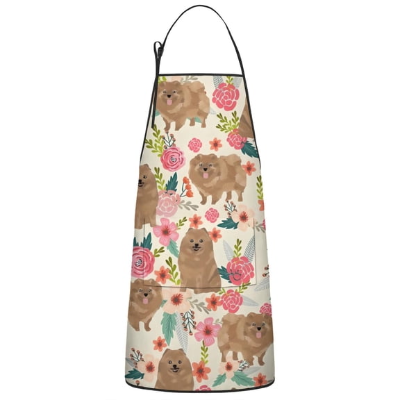 Pomeranian Dogs and Pioneer Flower Apron-Garden Aprons for Women with Pockets-Cotton Linen Waterproof Kitchen Cooking Gardening Aprons Adjustable for Kitchen,Cooking,BBQ and Salon 33x27 Inch