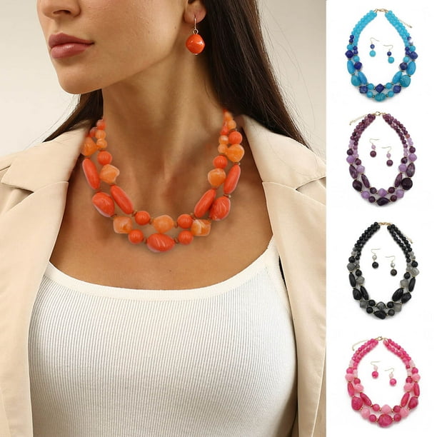 Visland 1 Set Layered Necklace Retro Design Jewelry Accessories Double Strand Statement Necklace Hook Earrings Set for Party