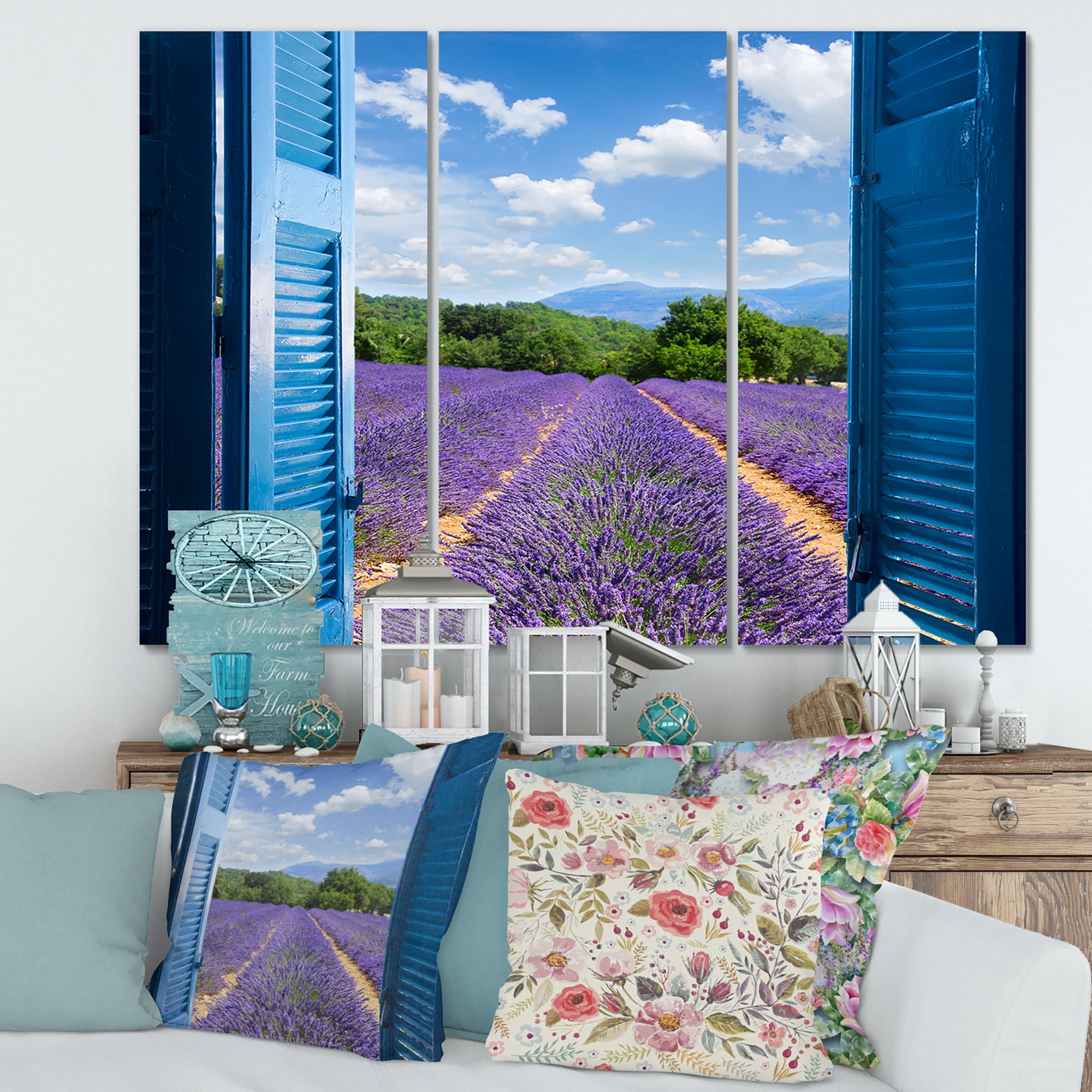Designart ' View of Lavender Field Through Blue Open Cottage Window ' Farmhouse Canvas Wall Art Print