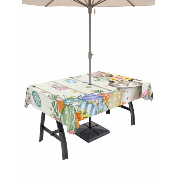 Outdoor Tablecloth with Umbrella Hole and Zipper, Beige Easter Bunny Rectangle Table Cloth 60x120 Inch Waterproof Tablecloth, Spring Easter Eggs Floral Wooden Picnic Table Cover for Patio Camping
