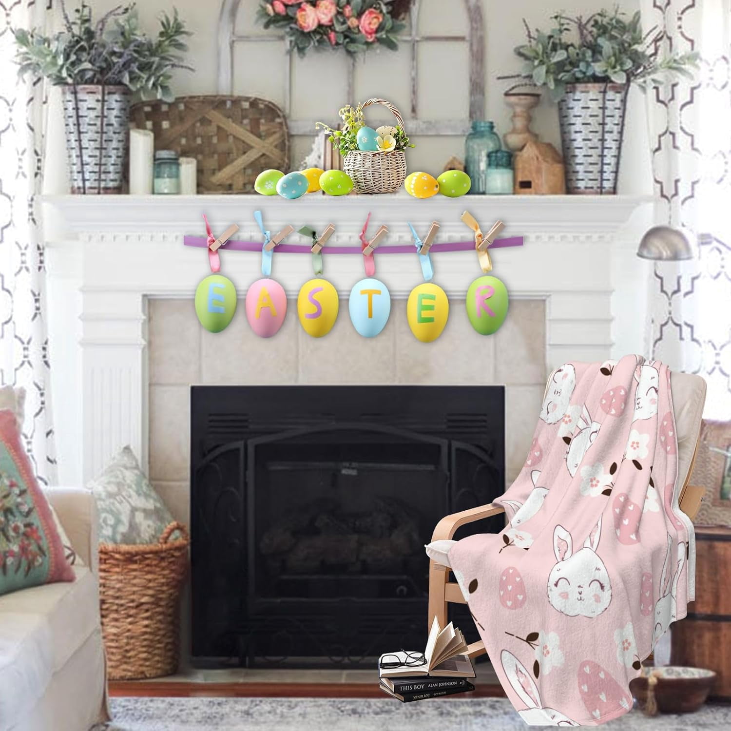 Luxury Plush Easter Blanket Cute Smiling Bunny Easter Egg Flower Pink Throw Blanket for Couch,Lightweight Soft and Warm Throws Blankets for Sofa Bed Living Room in Spring 50"X60"