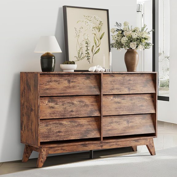 Mid-Century 6-Drawer Wood Dresser, 47.2" Wide Vintage Chest with Bevel Design for Bedroom, Living Room & Hallway