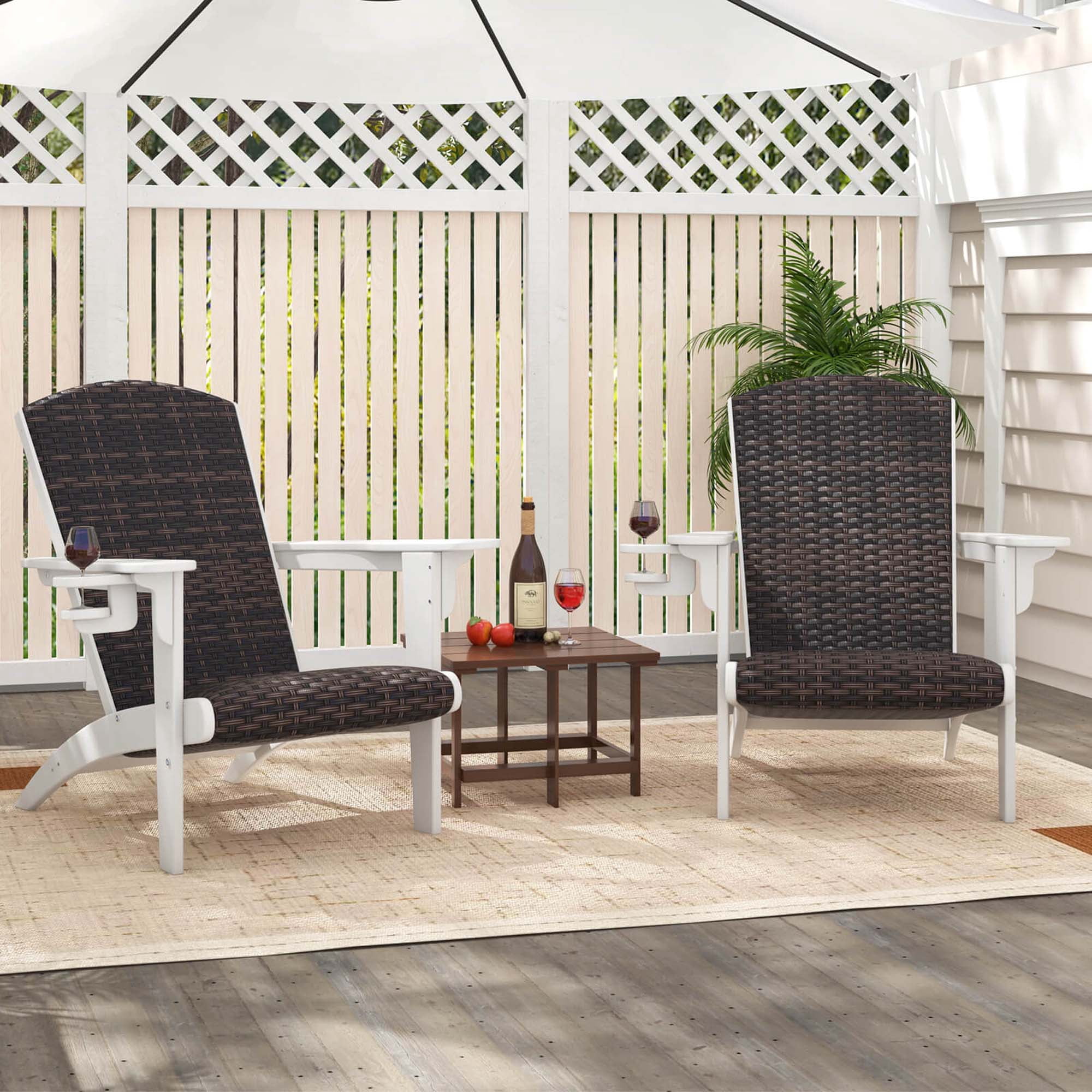 Costway Patio Adirondack Chair with Rattan Padded Seat Wide Armrests & Hidden Cupholder White