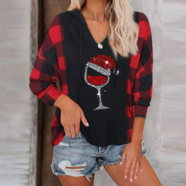 DPTALR Femme V-Cou Manches Longues Automne T-Shirt Noël Impression Chemisier à Capuche