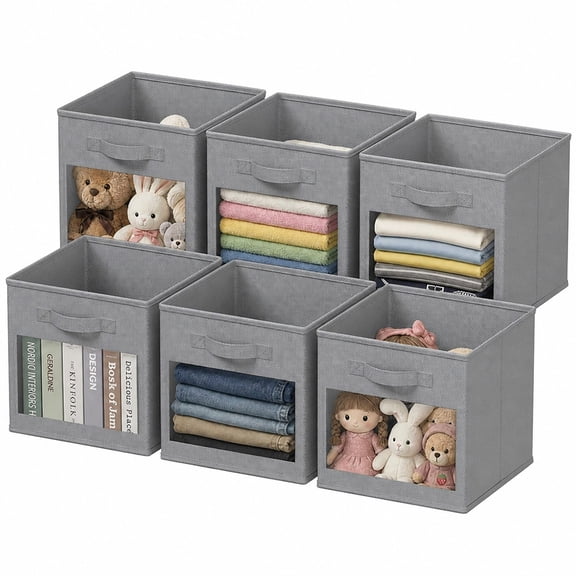 PLUMEBAY Storage Cubes with Clear Window, 6 Pack Foldable Fabric Storage Bins for Closet, Cube Organizer and Shelves,Gray