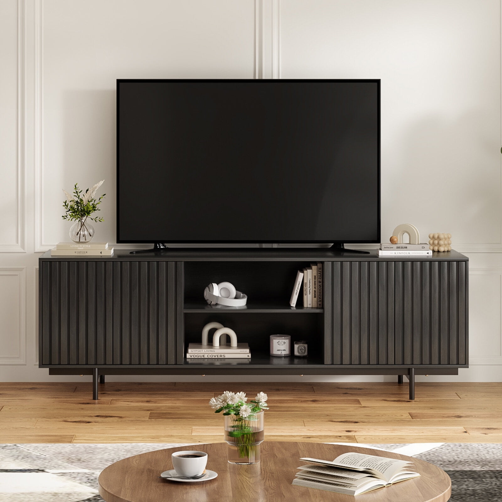 TV Stands With Storage Mid Century Modern TV Stand for TVs Up to 75", Farmhouse Fluted TV Stand, Retro Wood TV Stand with Storage and Shelf, Entertainment Center with Pop-Up Doors for Living Room, B