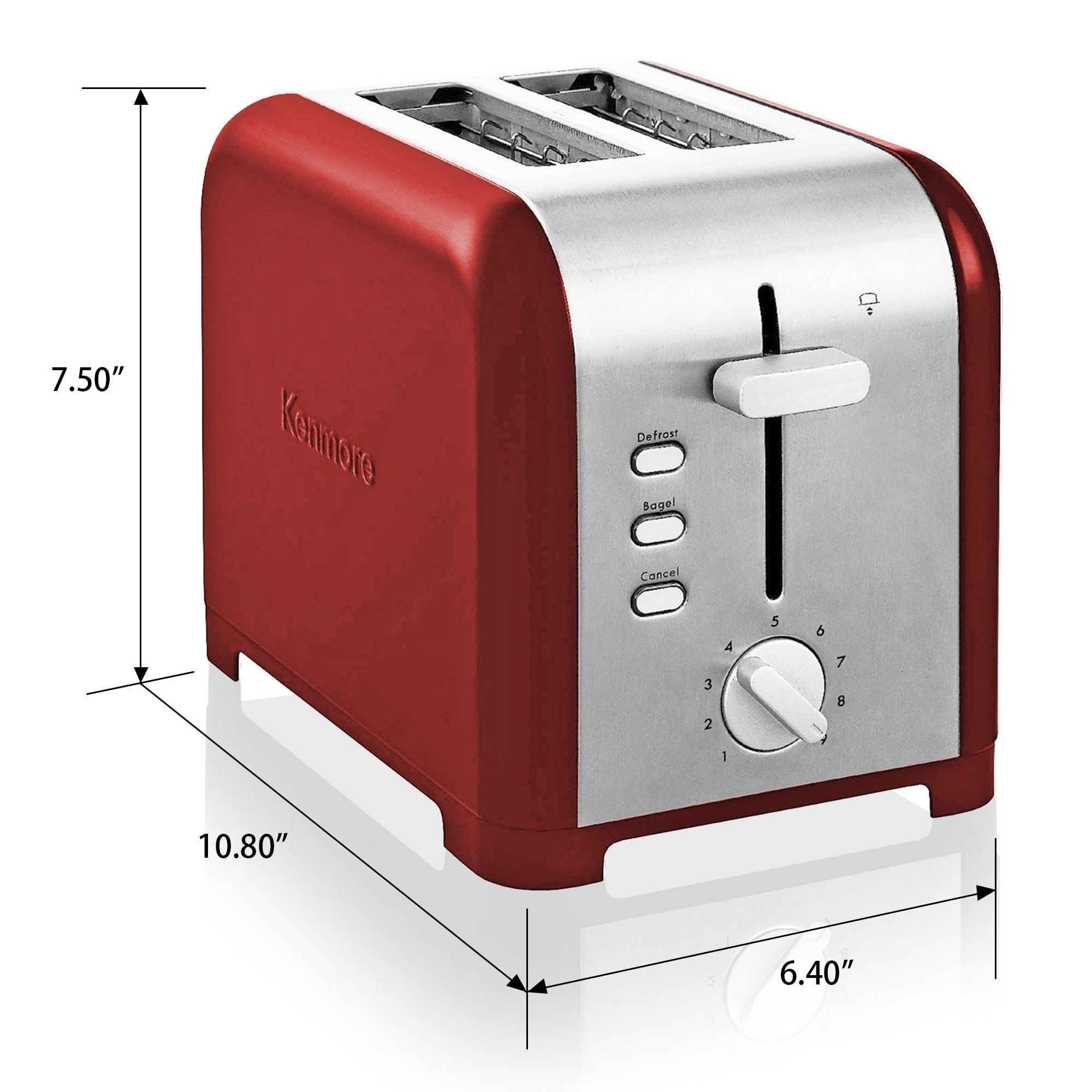 Kenmore 2-Slice Stainless Steel Toaster, Extra Wide Slots, 9 Browning Levels for Toast- Red & Silver