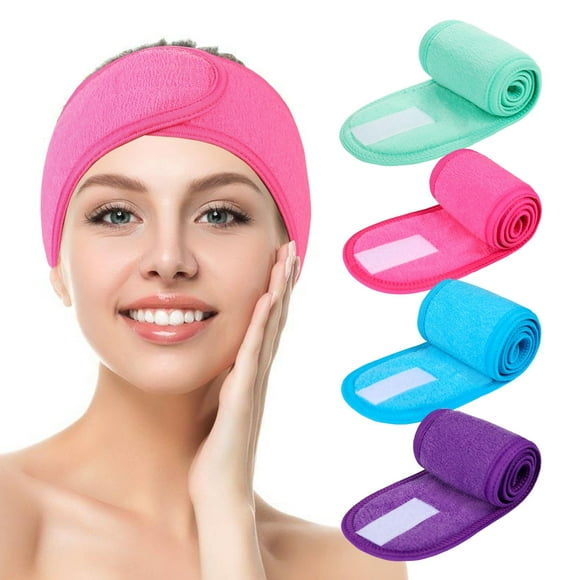 Bandeaux de Spa Facial 4 Pcs Bandeau de Douche Maquillage Bandeau de Sport en Tissu Éponge Serviette Extensible avec Bande Magique (Bleu Vert Menthe Violet Rose)