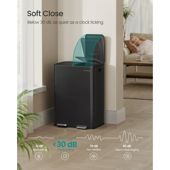 8-Gallon Dual Compartment Trash Can - Stainless Steel Kitchen Bin with Soft-Close Lid, Pedal & 15 Bags, Ink Black