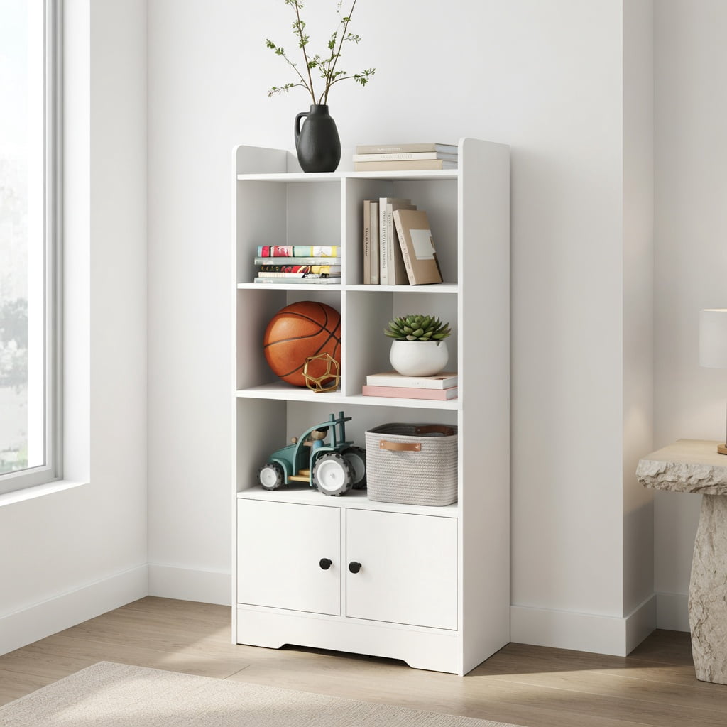 Spaco 4 Tiers Bookshelf with 4 Cubes Display Shelf and 2 Doors-White, Tall Bookshelf, Shelves for Living Room, Home Office, Bedroom, Balcony