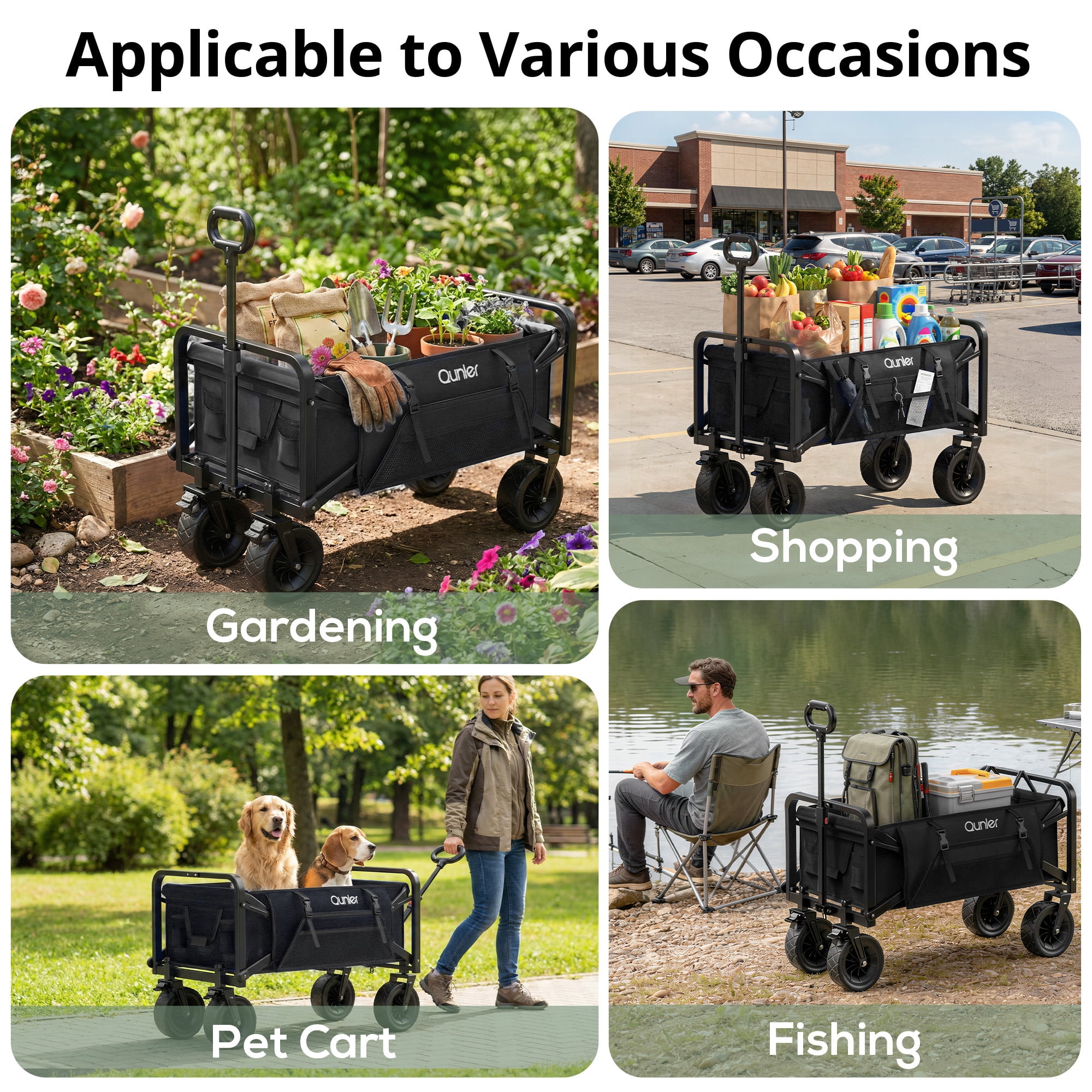 Qunler Collapsible Wagon Cart, 560lbs Heavy Duty Large Utility Garden Cart with Brake Wheels and Side Pocket for Camping, Shopping, Kids, Sports, Grocery, Black