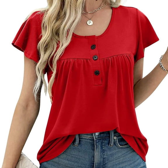 Pincandy Plus Size Wome Fold Sleeve Printed Round-Neck Tunic Tops Loose Fit Short Sleeve Shirts Crew Neck Summer Casual Tops,Red,2XL