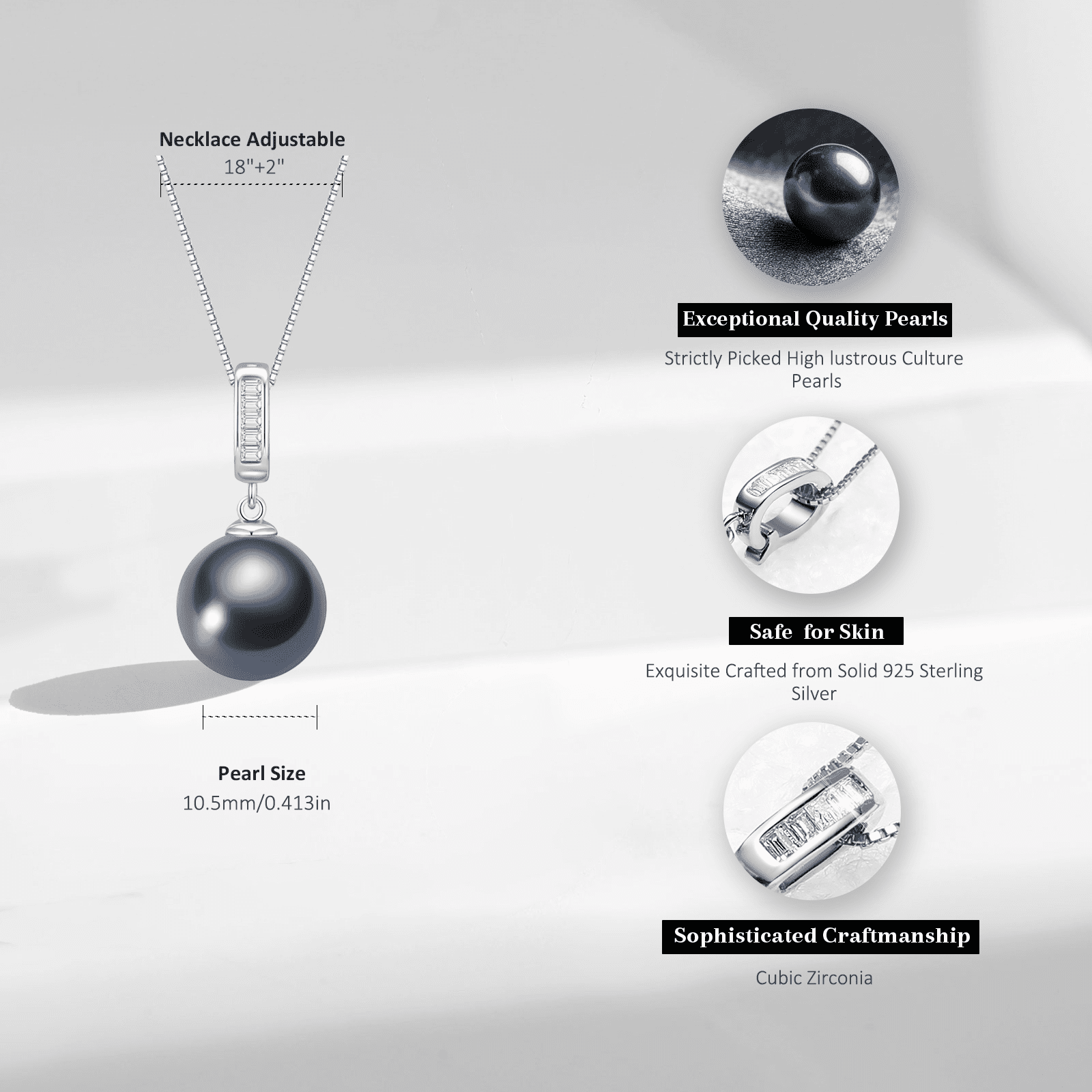 Yami 10-11mm Black Pearl Necklace 925 Sterling Silver 18+2in Cultured Pearl Jewelry Gift for Women