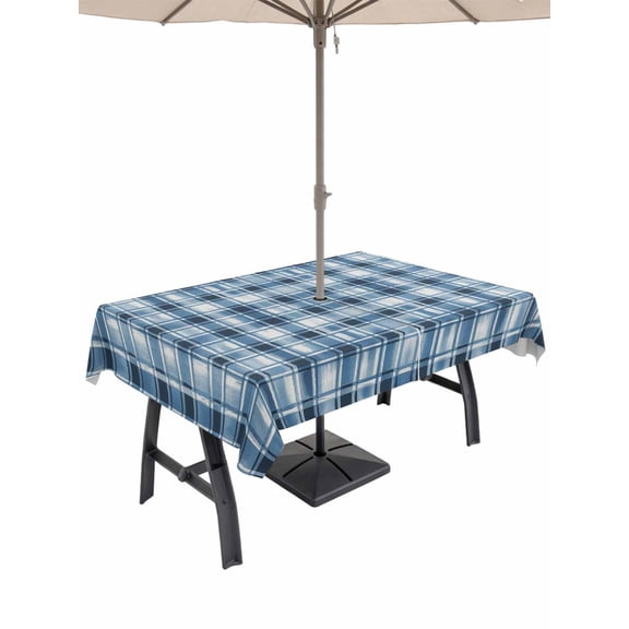 Outdoor Tablecloth with Umbrella Hole for Patio/Picnic/Party/Camping, Blue Plaid Waterproof Table Cloth Rectangle Table Cover Washable, Modern Simple Watercolor Buffalo Lattice (60"x 120")