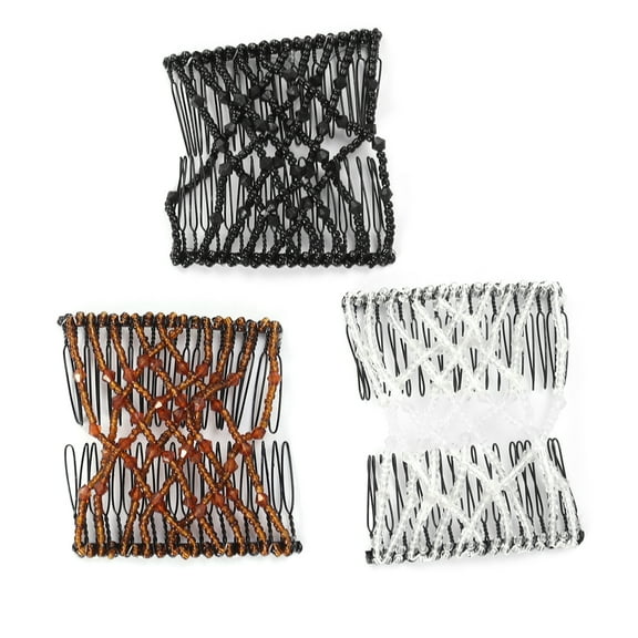 HEMOTON 3pcs Combs Hair Bun Maker Accessories Elastic Beaded Double Hair Clips Combs Hair Styling Tool for Woman (White, Black, Coffee)