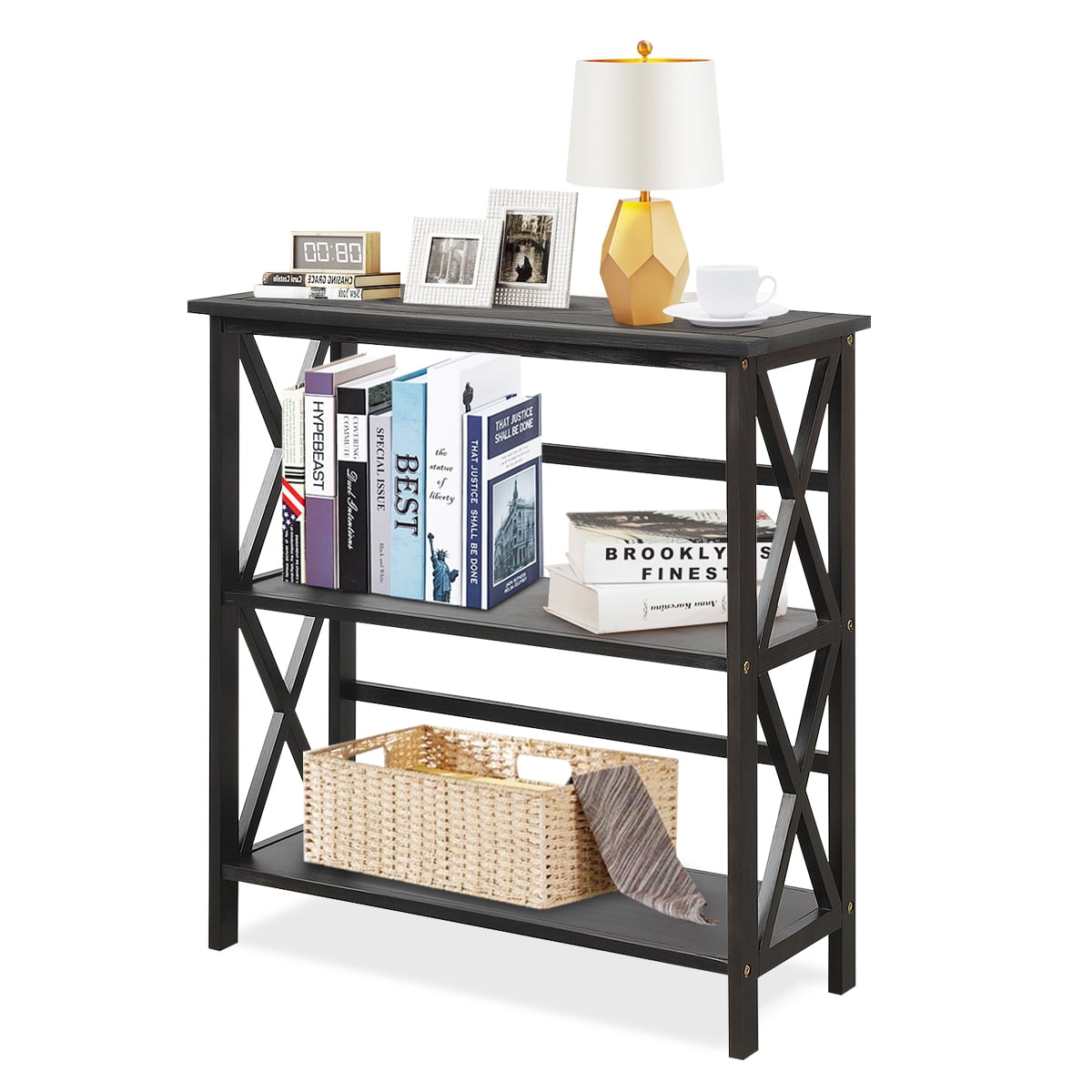 Costway Wooden Shelf Bookcase 3Tier Open Bookshelf W/XDesign Freestanding Rack Black Walmart