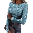 thumbnail image 2 of Women's Crew Neck Long Sleeve T-Shirt Ribbed Knit Slim Fit Floral Print Fall Winter Casual Layering Fitted Top 09-Royal Blue XXL, 2 of 5