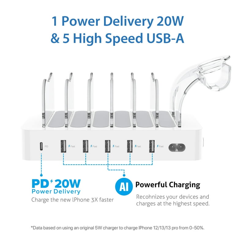 Soopii CS60 SooPii 6-Port PD charging Station for Multiple Devices, 20W PD USB  c Fast charging for lPhone 141312,6 Short cables Included, 2
