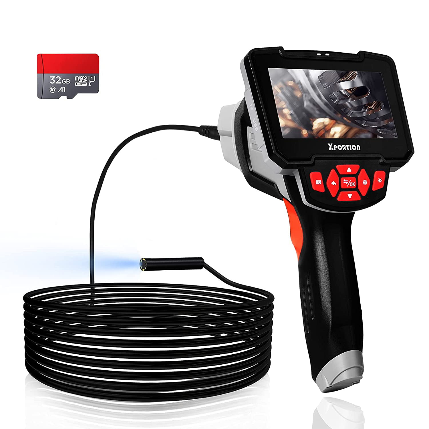 33FT Dual Lens Industrial Endoscope Camera 4.3 inch LCD Screen 1080P Borescope Inspection Camera IP67 Waterproof Semi-Rigid Cable Endoscope with 32G TF Card 33FT//10m 2600mAh Rechargeable Battery