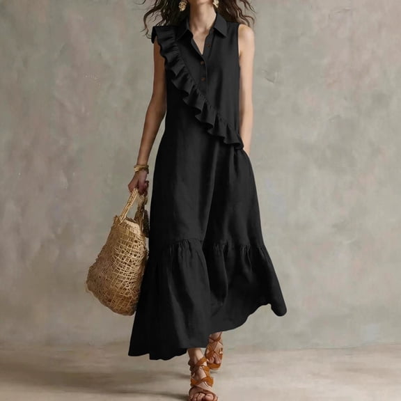 Morttic Women's Solid Color Sleeveless Shirt Dress – Lapel Half Button, Ruffled Details, Side Pockets Boho Beach Long Dress Black,S
