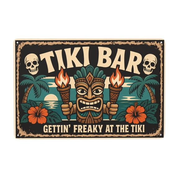 Tiki Bar Metal Wall Decor Sign 8x12 Inch - Gettin' Freaky at the Tiki Retro Vintage Style Plaque with Skulls & Tropical Design - Indoor Outdoor Easy Hanging Rustic Iron Home Decor