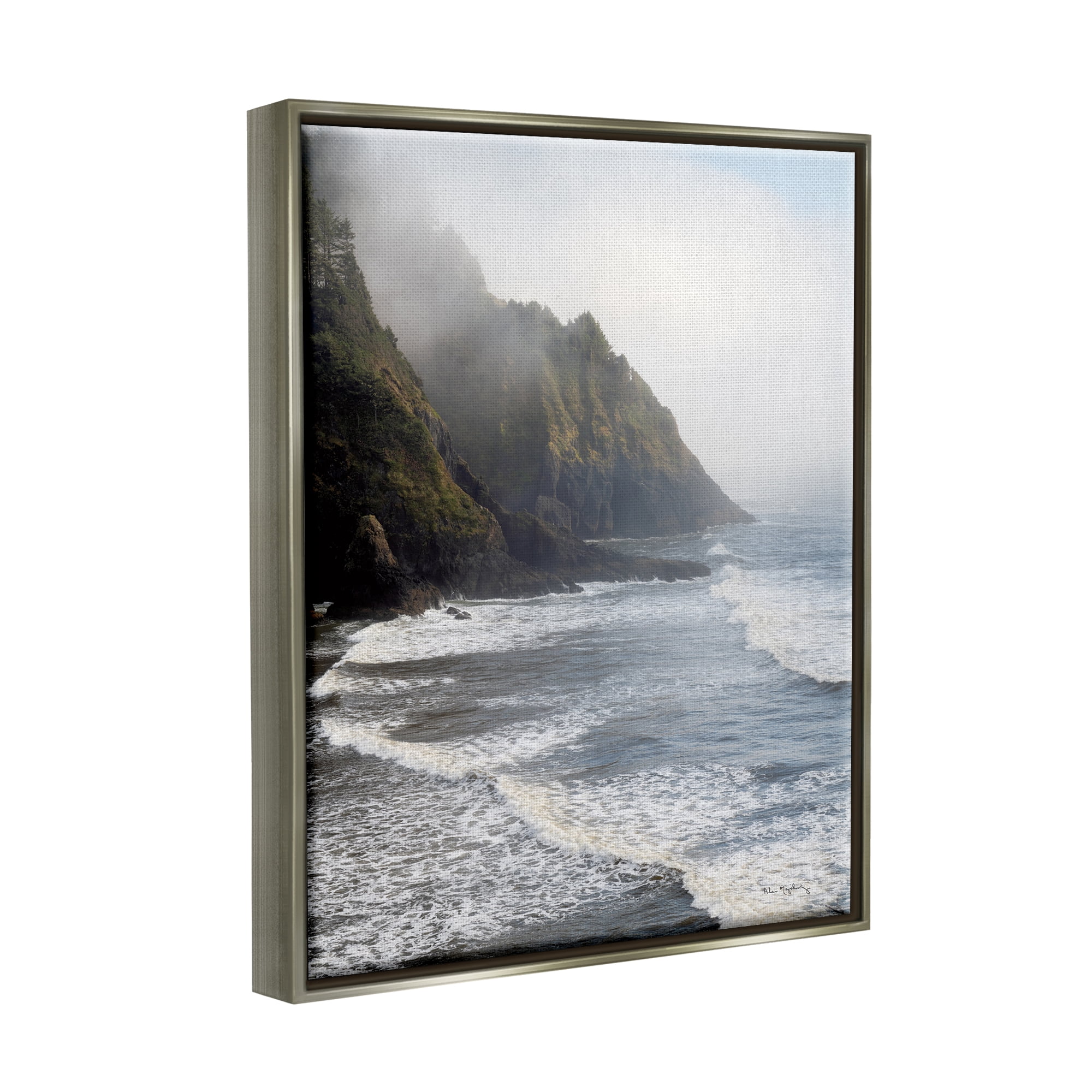Stupell Industries Cliffside Sea Waves Landscape Nature Photography Gray Floater Framed Art Print Wall Art, 17 x 21