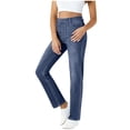 thumbnail image 2 of hoksml Women's Jean-Style Pants Stretch Denim-Look Solid Color Straight Leg Trousers with Elastic Waist and Pockets Comfortable Pull-On Pants for Casual Wear, 2 of 7