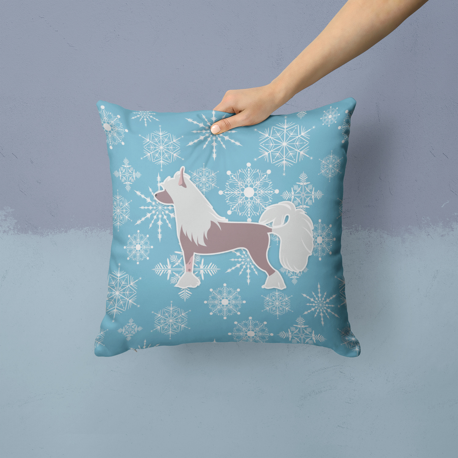 Carolines Treasures Winter Snowflake Chinese Crested Fabric Decorative Pillow 14Hx14W multicolor