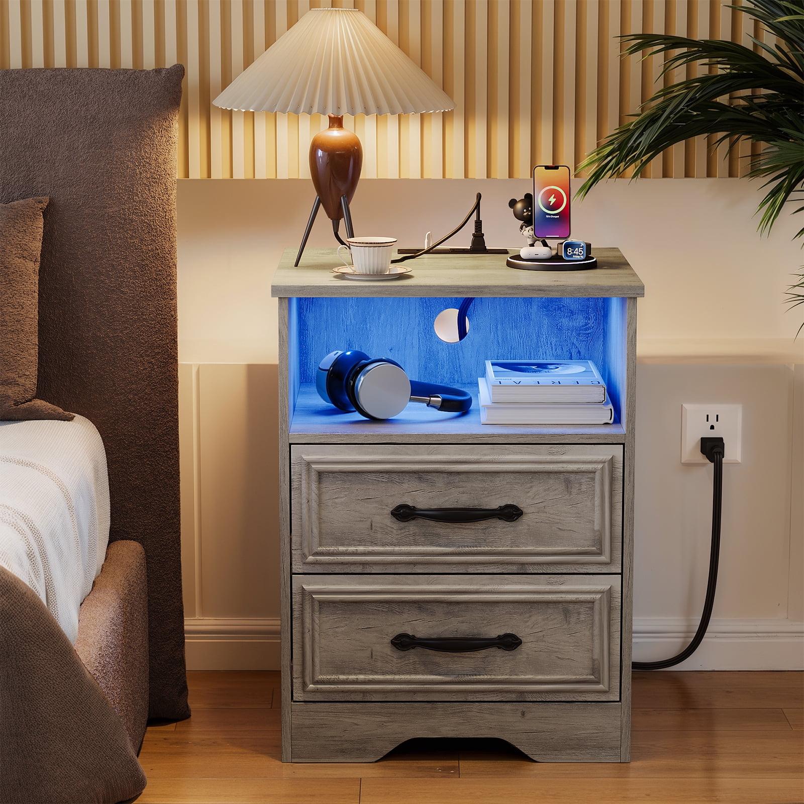17.7 inch Wide Nightstand with Charging Station&LED , Bedside Table with Open Shelf, 2 Drawers Small Wood Dresser, End Side Table for Bedroom (Gray Wash)