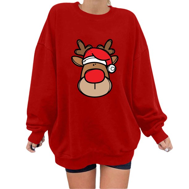 Top de suéter con estampado navideño de manga larga con cuello redondo para mujer primavera otoño Pompotops FGAJ10752